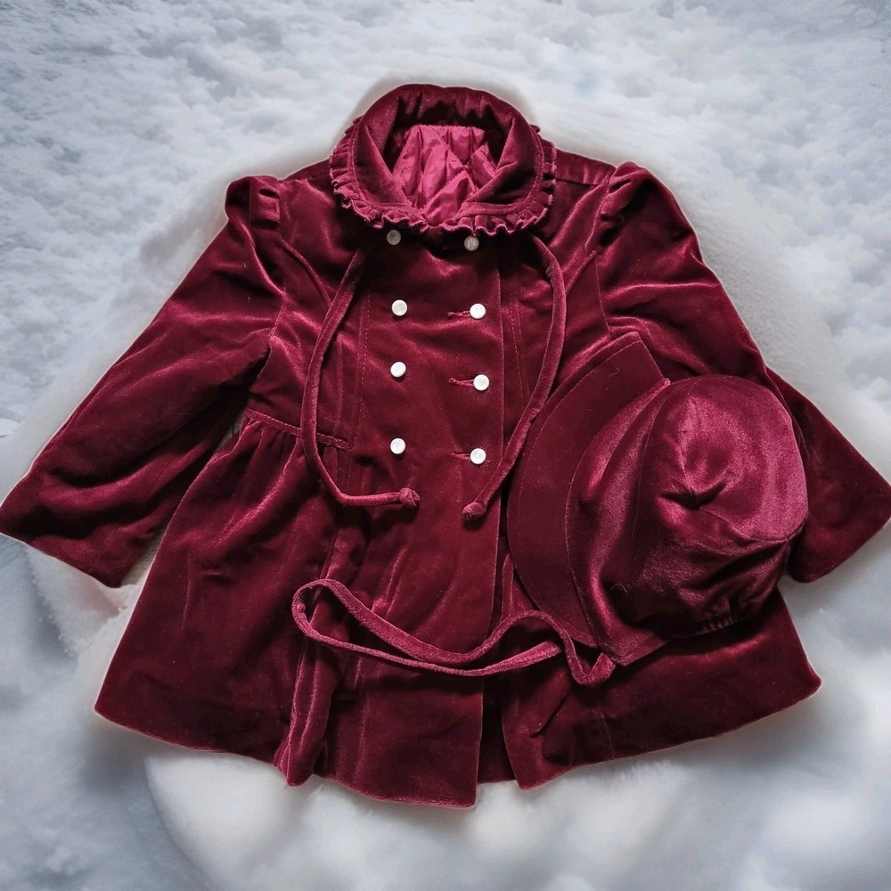 Vintage Cute Togs Burgundy Velvet Toddler Coat & Bonnet Set Double Breasted 2pc